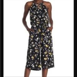 London Times Black and Yellow Floral Halter Jumpsuit US 8- NWT